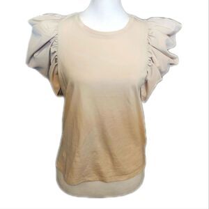 Express Cream Crew Neck Top, Cotton W/ Faux Leather Puff Sleeves, Tee, XS